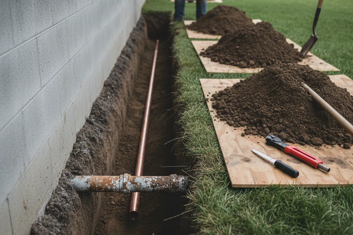 Excavated water line trench during Sewer Line Repair in Morgan